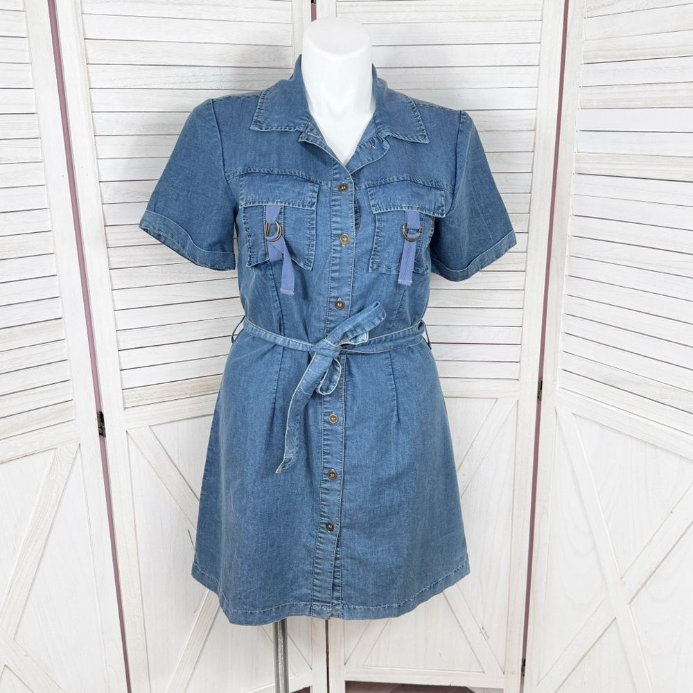 Indulge Chambray Button Up Belted Short Sleeve Shirt Dress Denim Blue Large